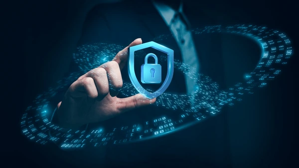 Illustration of padlock with data icons, symbolizing digital privacy.
