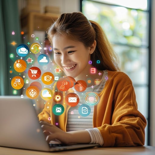 Photo showing a person using a laptop with social media icons floating.